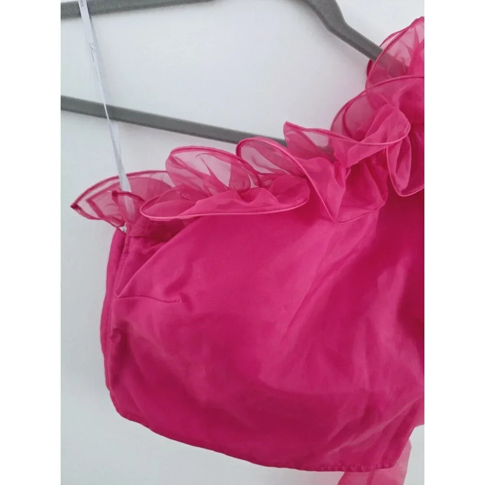 Lovers + Friends Bernice Hot Pink Ruffle Sheer One Shoulder Blouse Crop Top XXS - Picture 5 of 10